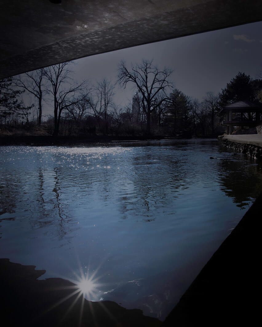 Riverwalk view from under a bridge in Naperville